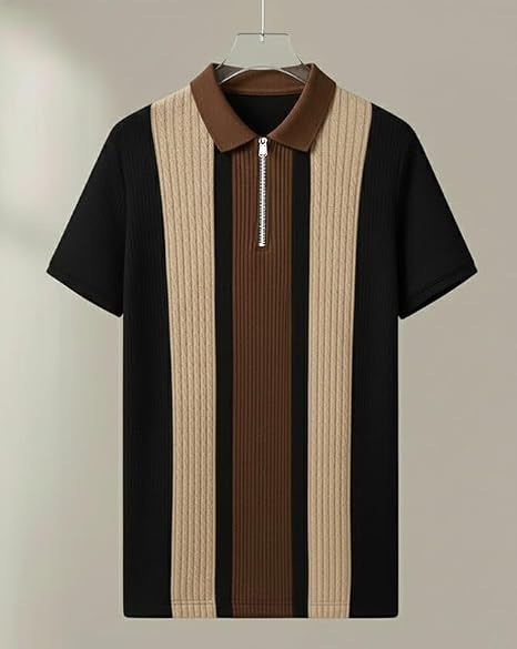Men's Retro Cable-Knit Quarter-Zip Polo | Premium Textured Self-Design Half Sleeve T-Shirt for Men
