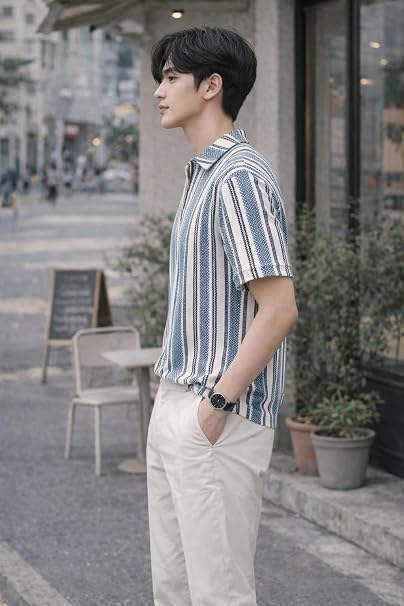 Men's Loose Fit Vertical Striped Polo T-Shirt
