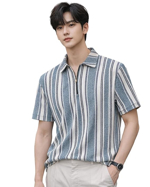 Men's Loose Fit Vertical Striped Polo T-Shirt
