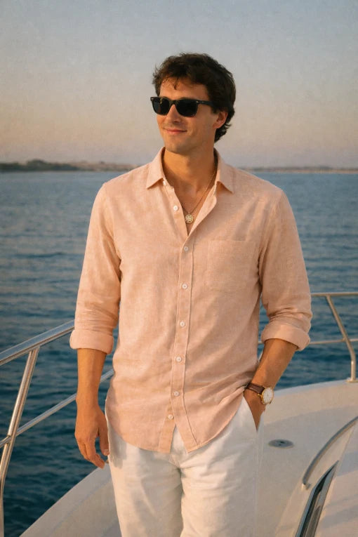 Men's Peach Linen Shirt – Premium Soft Tone Half Sleeve Casual Wear
