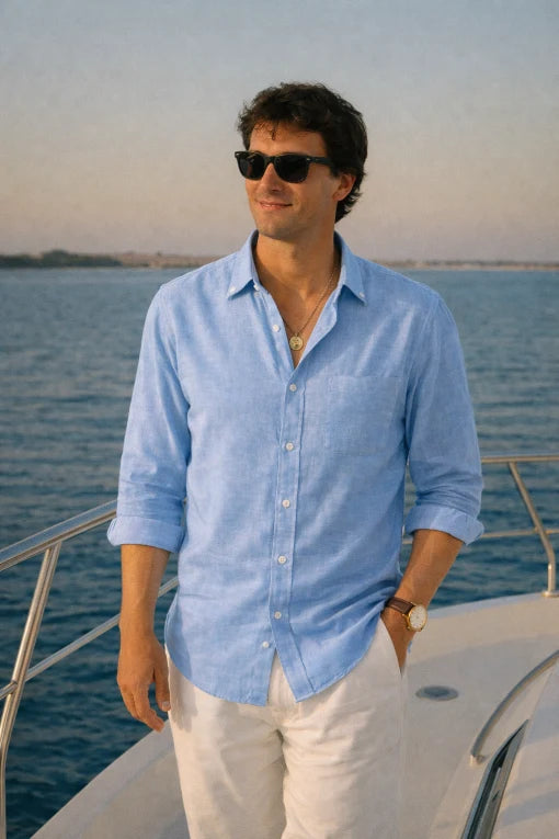 Men's Sky Blue Linen Shirt – Premium Classic Half Sleeve Casual Wear