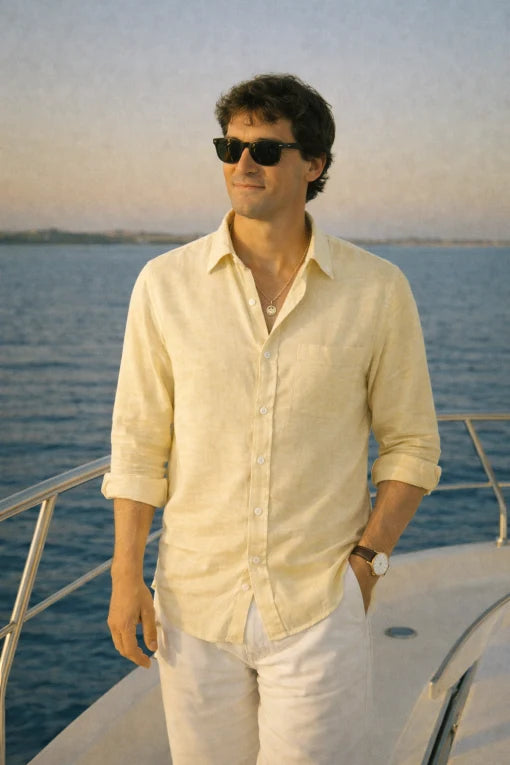 Men's Beige Linen Shirt – Premium Neutral Tone Half Sleeve Casual Style