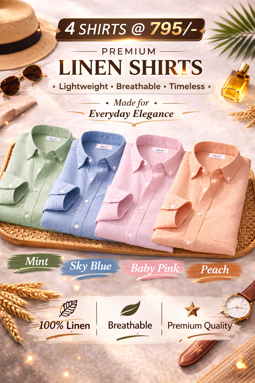 Premium Linen Shirt Combo Pack for Men – Set of 4 Classic Half Sleeve Casual Shirts
