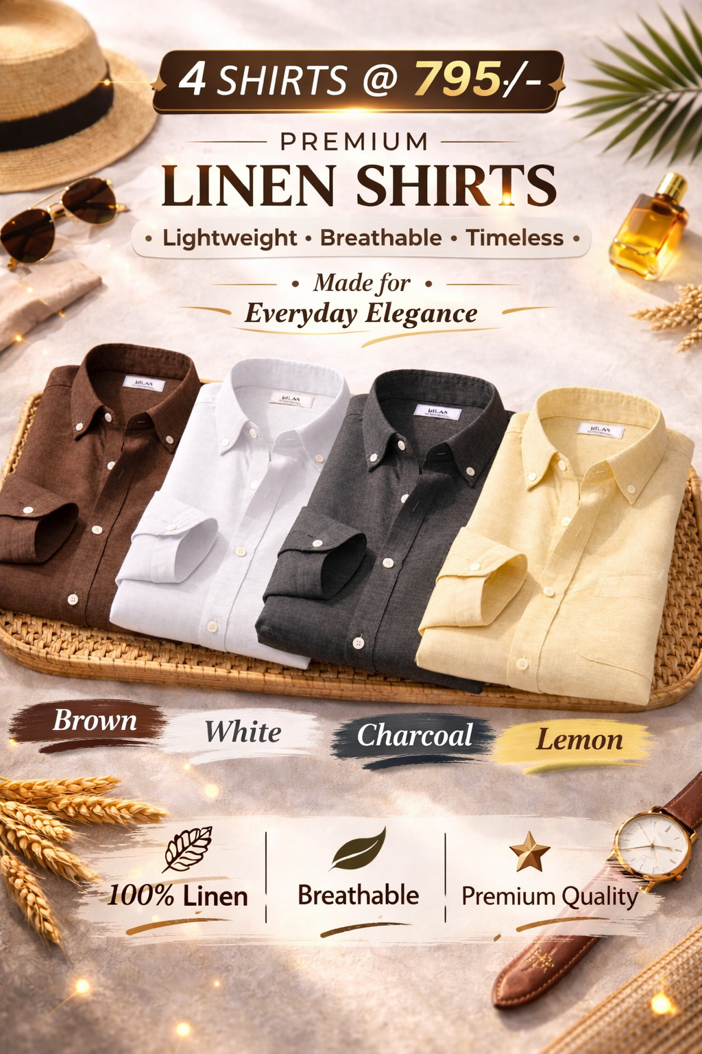 Men's Premium Linen Shirt Combo Set – 4 Piece Half Sleeve Casual Shirt Pack