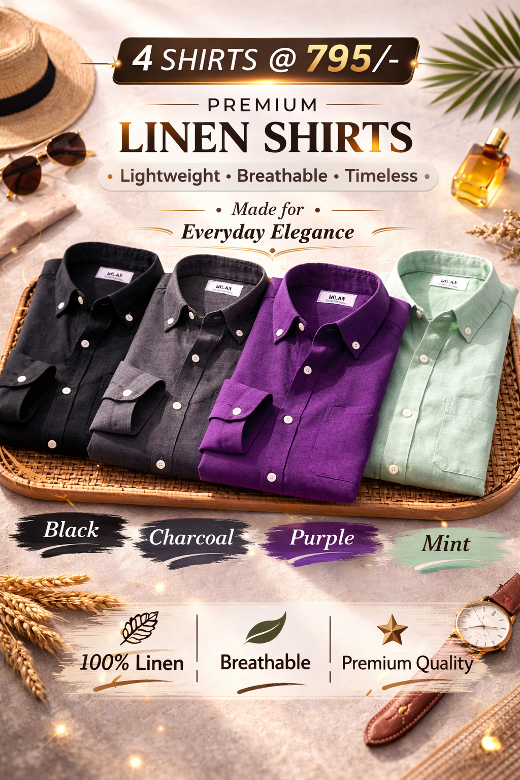 Men's Classic Linen Shirt Combo – 4 Piece Premium Half Sleeve Shirt Set