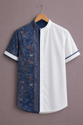Menex™ Men's Premium Paisley Print Color Block Mandarin Collar Half Sleeve Casual Shirt – Navy Blue & White