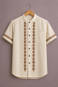 Menex™ Men's Premium Minimal Tribal Embroidered Mandarin Collar Half Sleeve Casual Shirt – Ivory White
