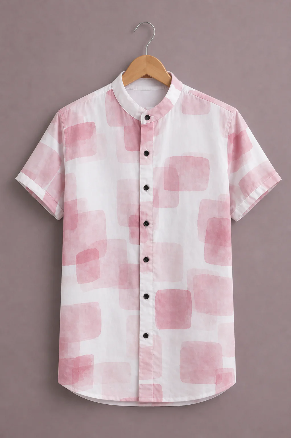 Menex™ Men's Premium Pastel Geometric Print Mandarin Collar Half Sleeve Casual Shirt – White & Blush Pink