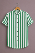 Menex™ Men's Premium Vertical Stripe Mandarin Collar Half Sleeve Casual Shirt – Green & White