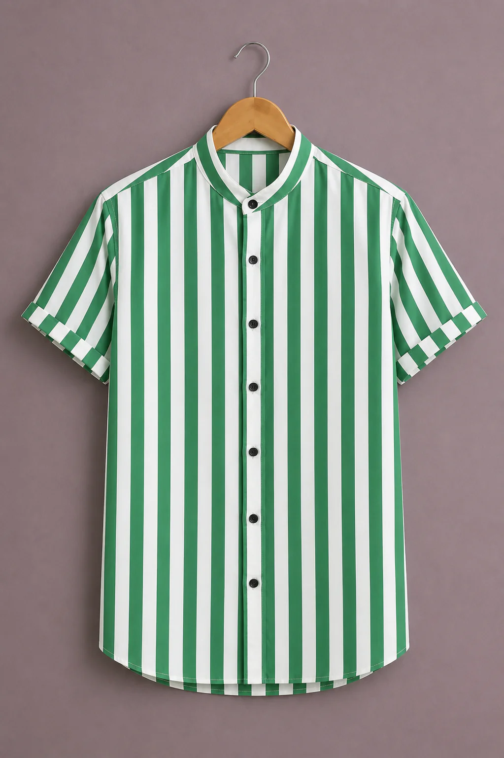 Menex™ Men's Premium Vertical Stripe Mandarin Collar Half Sleeve Casual Shirt – Green & White