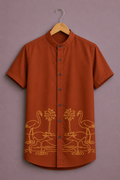 Menex™ Men's Premium Flamingo Tropical Print Mandarin Collar Half Sleeve Casual Shirt – Rust Orange