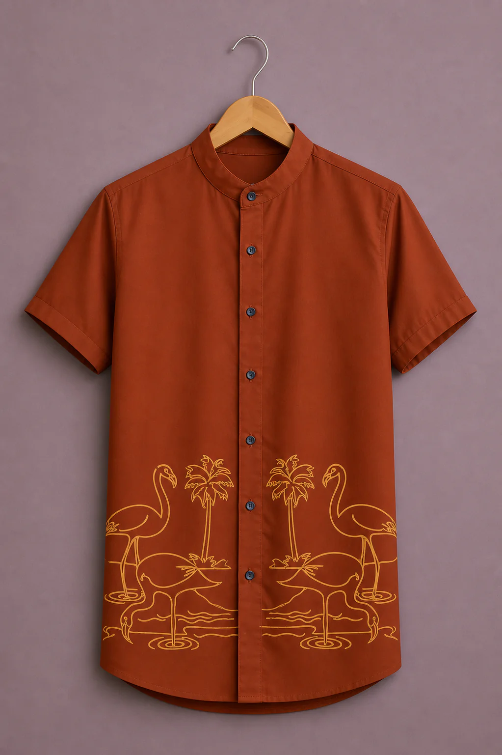 Menex™ Men's Premium Flamingo Tropical Print Mandarin Collar Half Sleeve Casual Shirt – Rust Orange