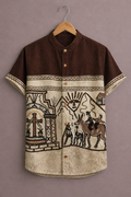 Menex™ Men's Premium Tribal Art Print Mandarin Collar Half Sleeve Casual Shirt – Brown & Beige