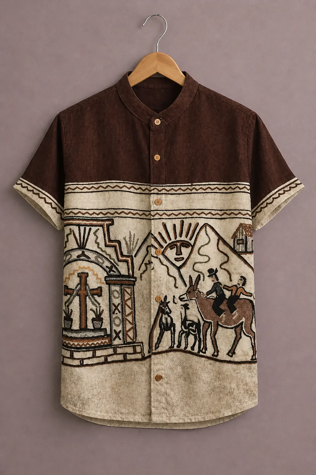 Menex™ Men's Premium Tribal Art Print Mandarin Collar Half Sleeve Casual Shirt – Brown & Beige