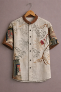 Menex™ Men's Premium Ethnic Floral Print Mandarin Collar Half Sleeve Casual Shirt – Beige