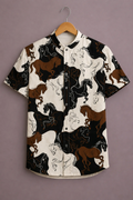 Menex™ Men's Premium Running Horse Print Mandarin Collar Half Sleeve Casual Shirt – Black, White & Brown