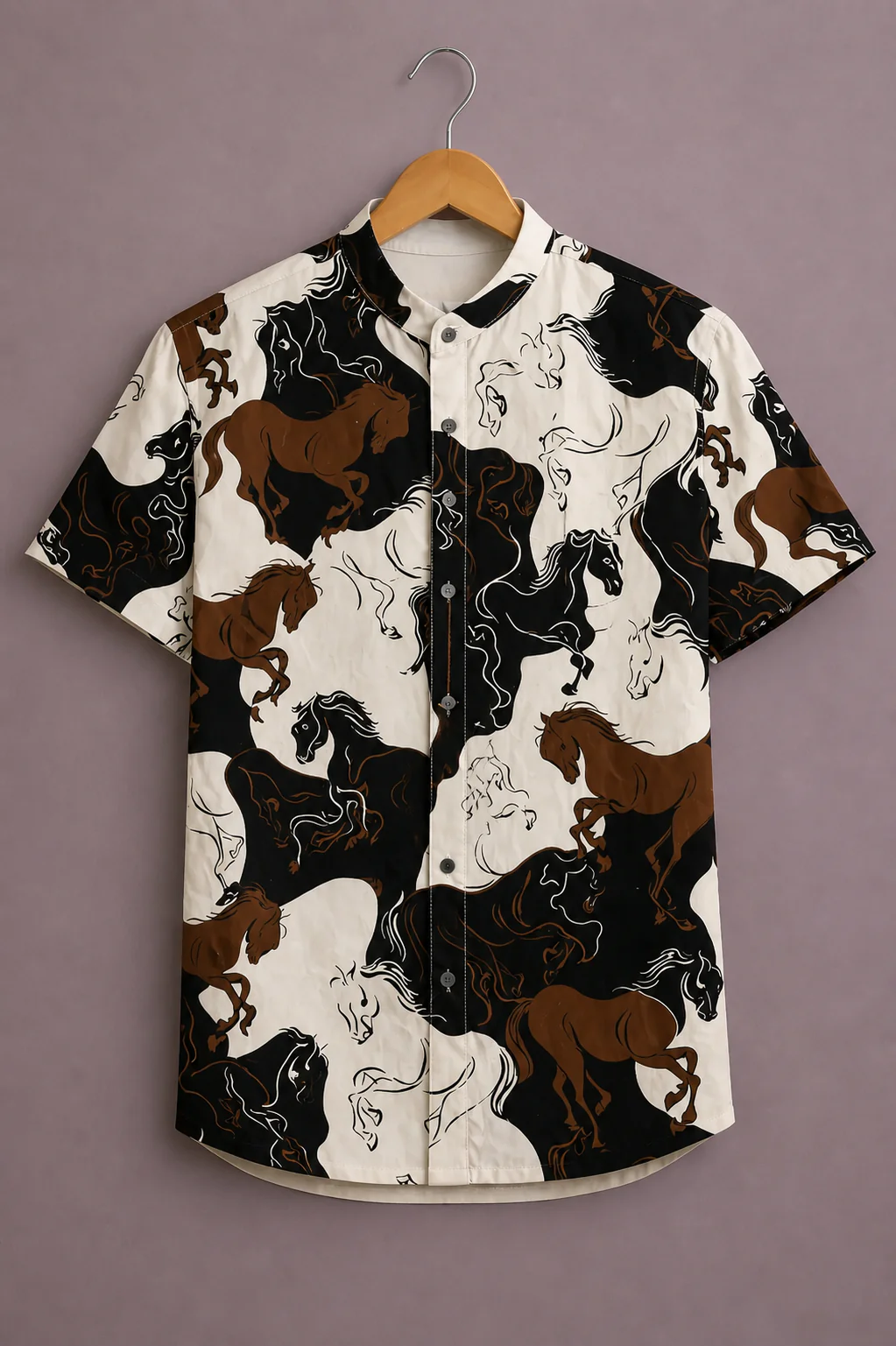 Menex™ Men's Premium Running Horse Print Mandarin Collar Half Sleeve Casual Shirt – Black, White & Brown