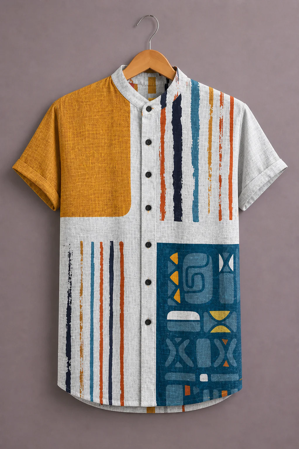 Menex™ Men's Premium Abstract Geometric Print Mandarin Collar Half Sleeve Casual Shirt – Mustard, White & Blue