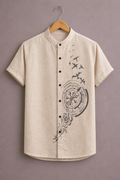 Menex™ Men's Premium Compass & Birds Print Mandarin Collar Half Sleeve Casual Shirt – Beige