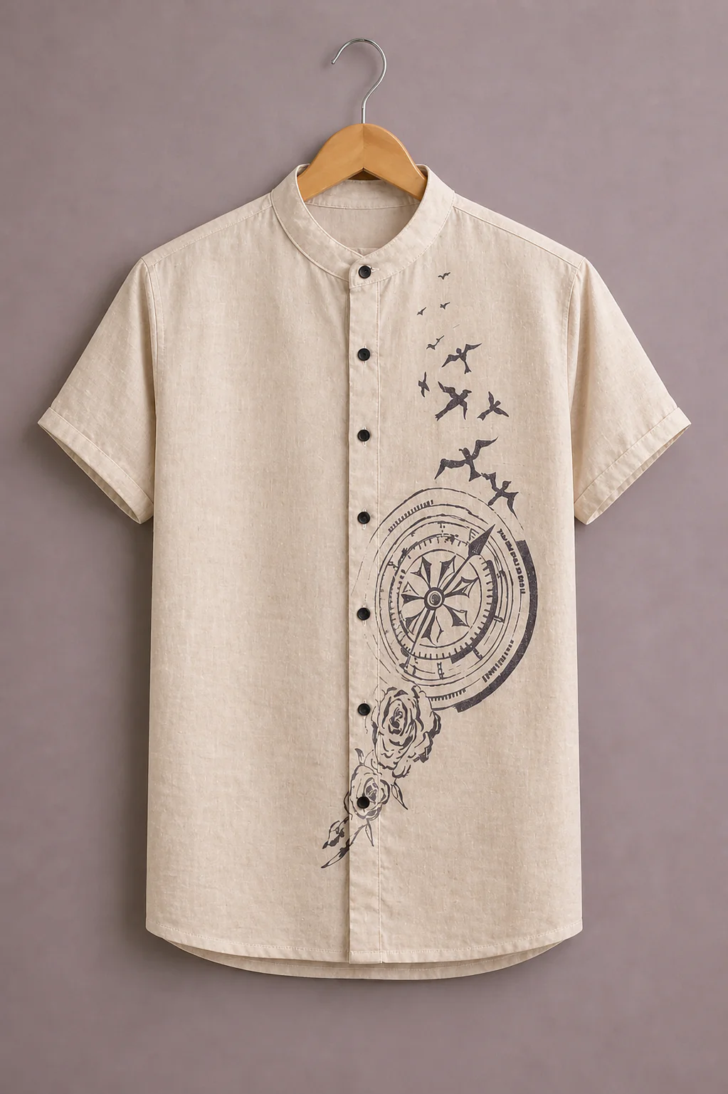 Menex™ Men's Premium Compass & Birds Print Mandarin Collar Half Sleeve Casual Shirt – Beige
