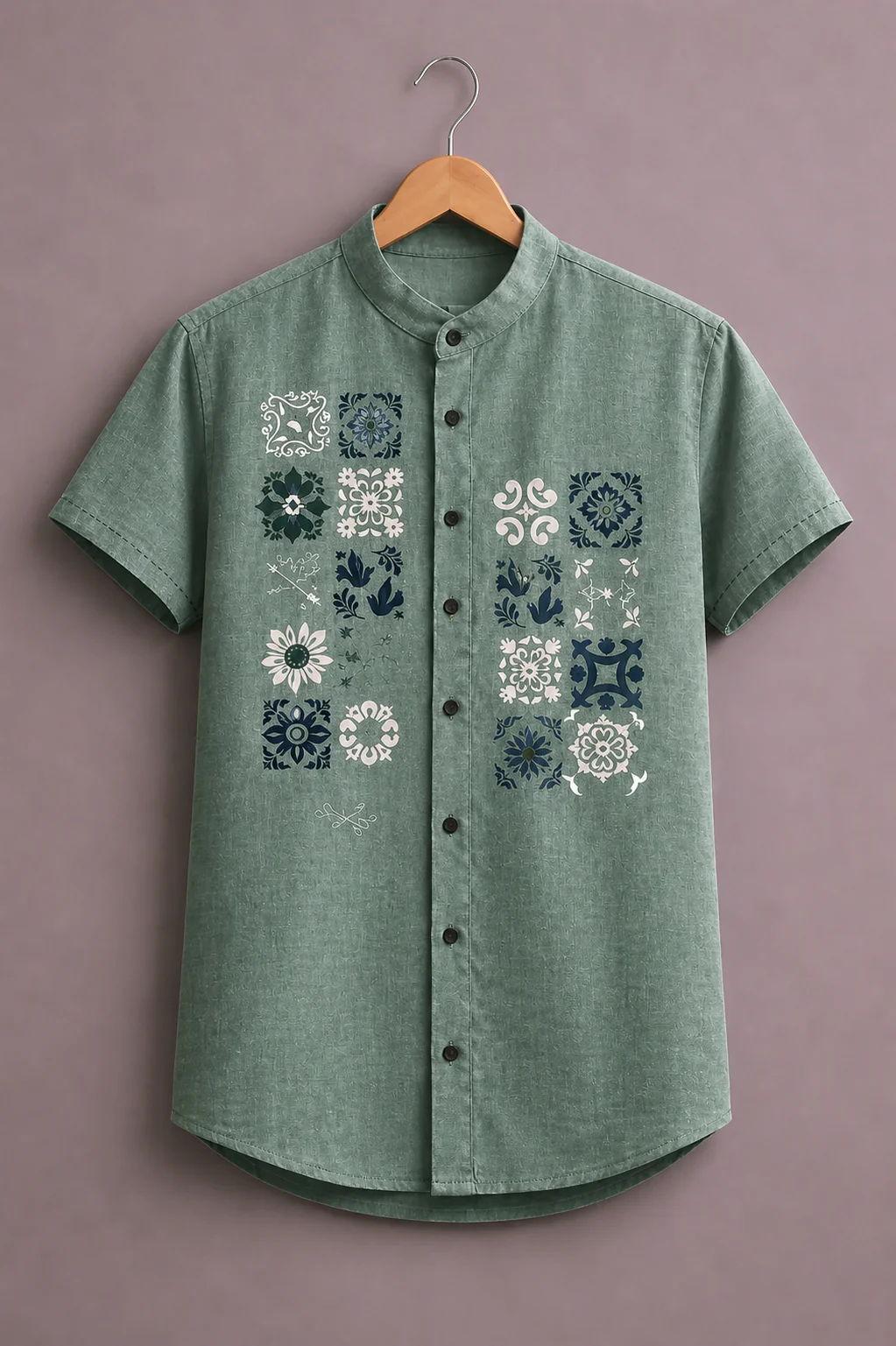 Menex™ Men's Premium Floral Tile Print Mandarin Collar Half Sleeve Casual Shirt – Sage Green