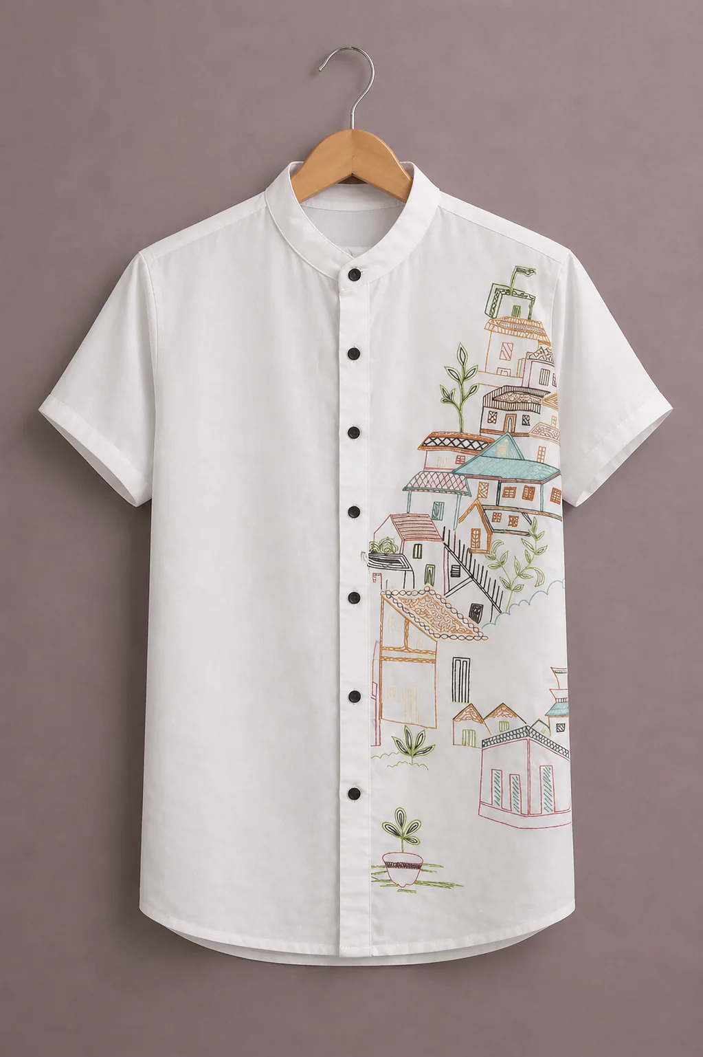 Menex™ Men's Premium Village Art Print Mandarin Collar Half Sleeve Casual Shirt – White
