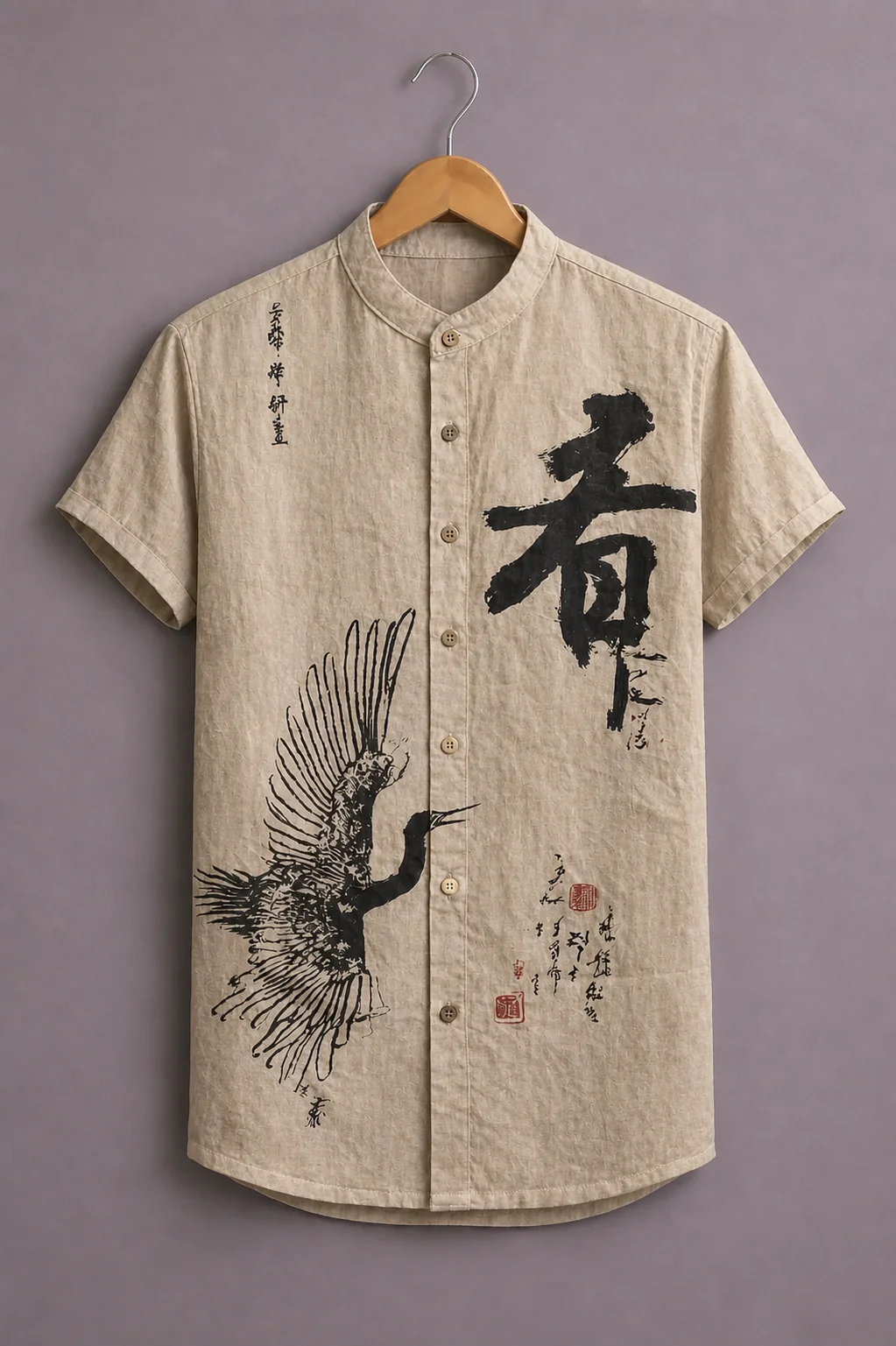 Menex™ Men's Premium Japanese Calligraphy Print Mandarin Collar Half Sleeve Casual Shirt – Beige